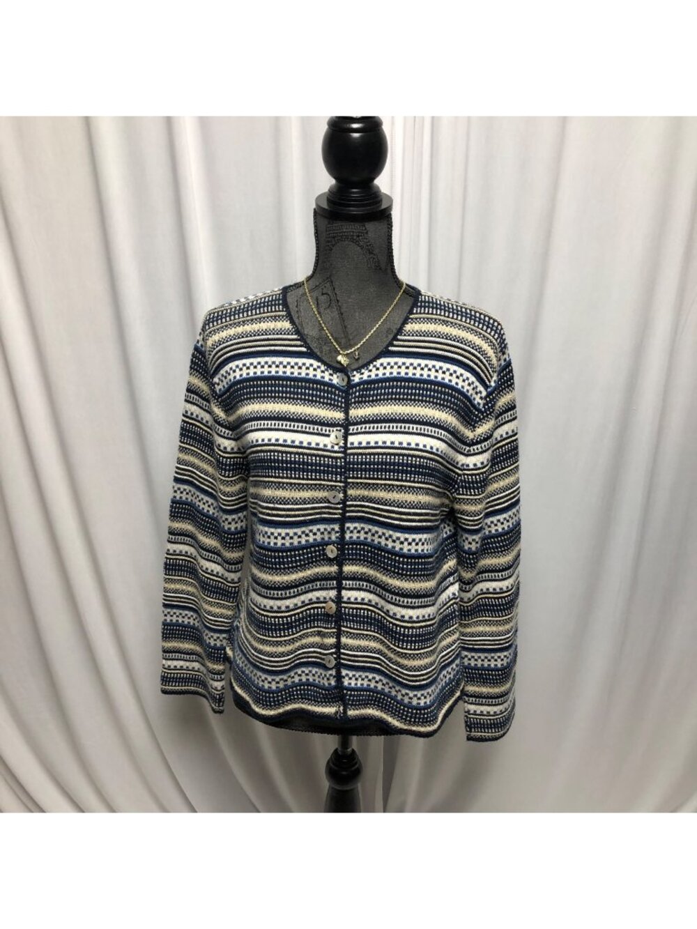 Spunky Sweater Womens Size Medium Blue Tan Buttons Vintage Made in USA Cardigan